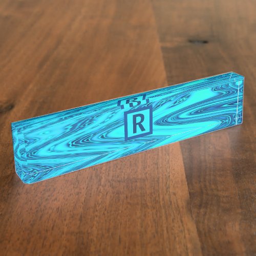 Teal Blue Ocean Wave Abstract Monogrammed Initials Desk Name Plate