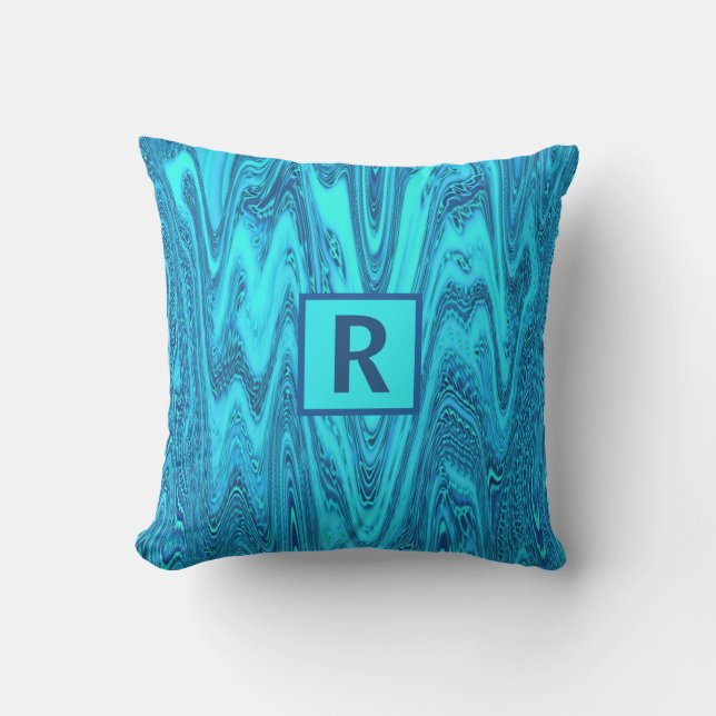 Teal Blue Ocean Wave Abstract Monogrammed Initials Outdoor Pillow (Front)