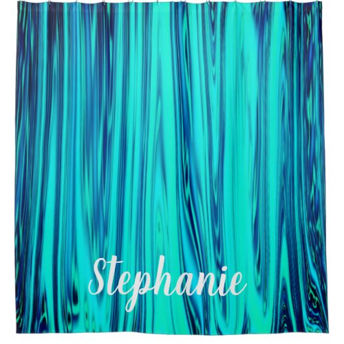Teal Blue Ocean Wave Shiny Abstract Monogram Name Shower Curtain