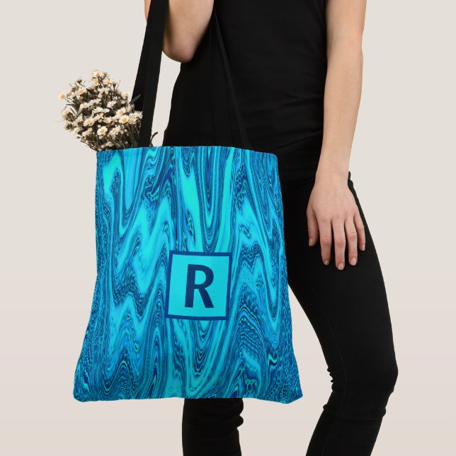 Teal Blue Ocean Waves Abstract Monogram Initial Tote Bag (Close Up)