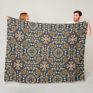 Teal Blue Ochre Brown Beige Bohemian Tribe Art Fleece Blanket