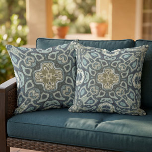 Teal Blue Ochre Mustard Green Orient Tribal Art Outdoor Pillow