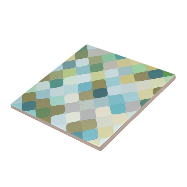 Teal Blue Ochre Mustard Yellow Round Squares Art Ceramic Tile (Side)