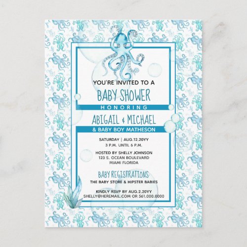 Teal Blue Octopus Baby Shower Sea Life Its a Boy Invitation Postcard