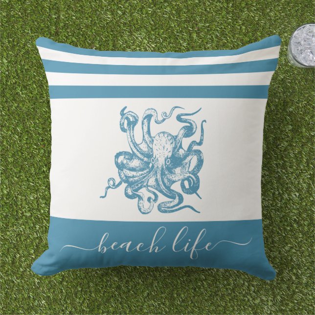 Teal blue octopus beach life script simple modern outdoor pillow (Grass)