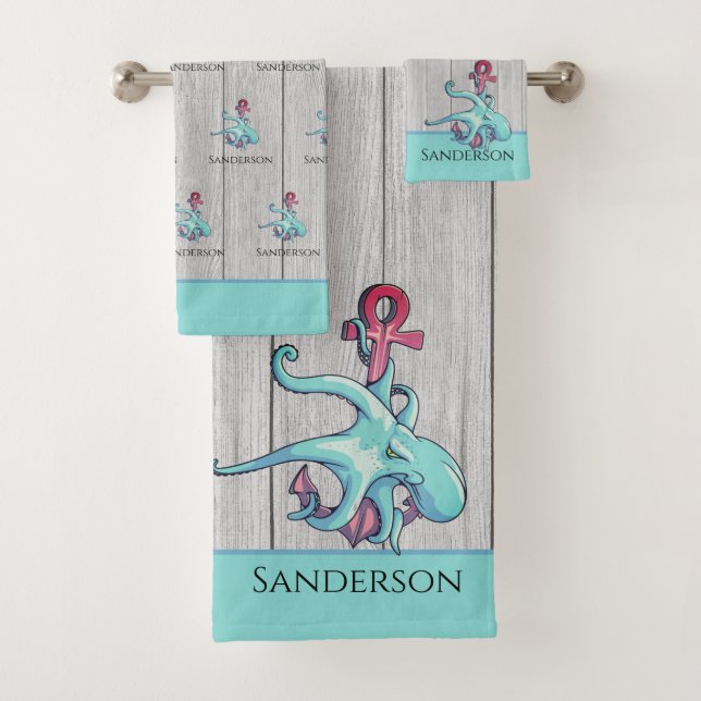  Teal Blue Octopus Coastal Gray Wood  Nautical  Bath Towel Set (Insitu)