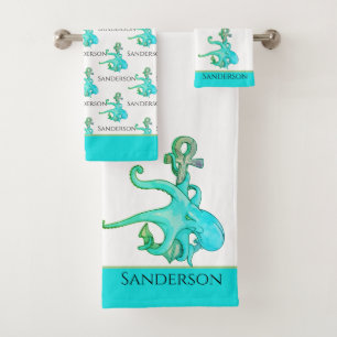 Teal Blue Octopus Coastal Nautical Bathroom Bath Towel Set