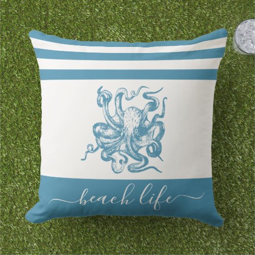 Teal blue octopus simple modern beach life script outdoor pillow