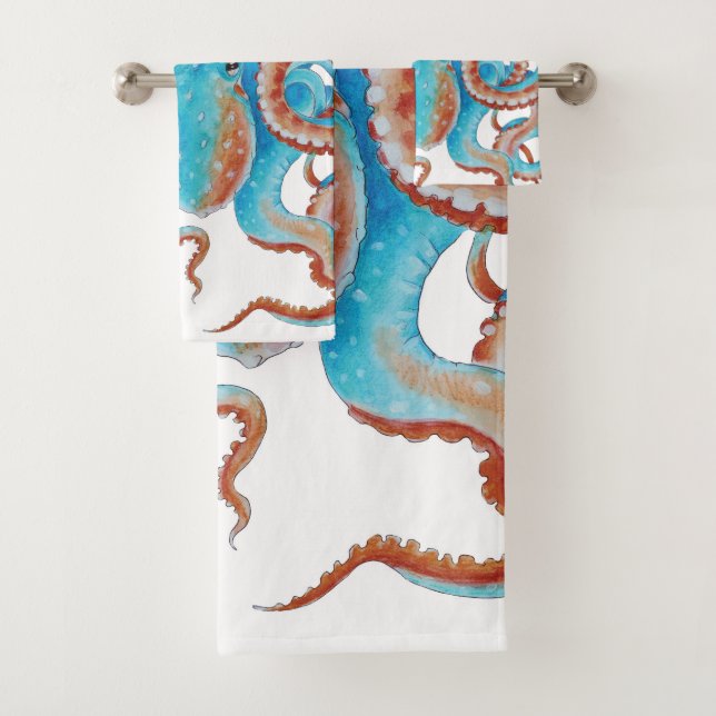 Teal Blue Octopus Watercolor Bath Towel Set (Insitu)