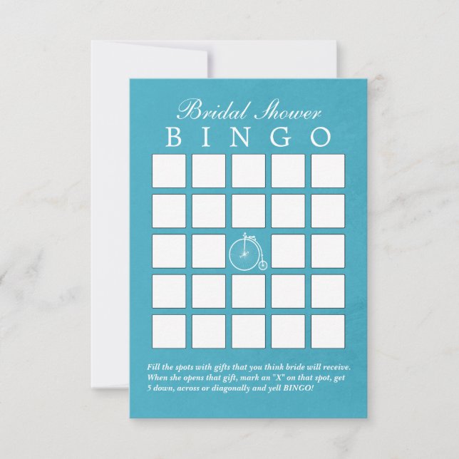 Teal Blue Old Bike Bridal Shower Bingo Cards (Front)
