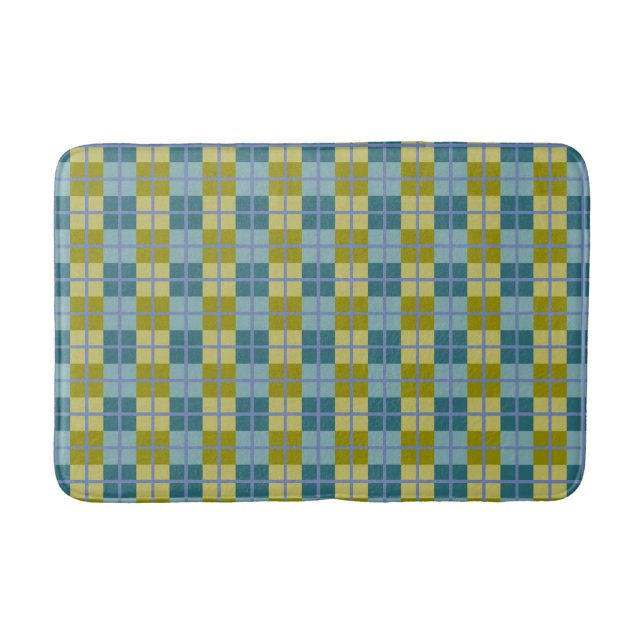 Teal Blue Olive Yellow Purple Pattern Bath Mat (Front)