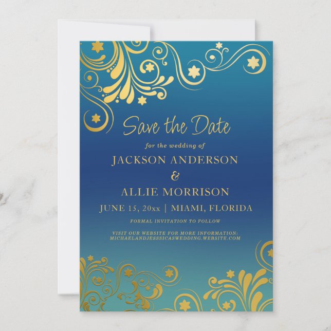 Teal Blue Ombre' Gold Flourish Photo Wedding Save The Date (Front)