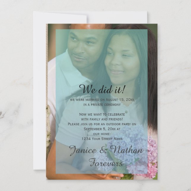 Teal Blue Ombre Overlay Photo Reception Only Invitation (Front)