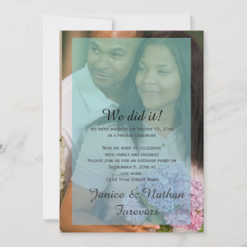 Teal Blue Ombre Overlay Photo Reception Only Invitation