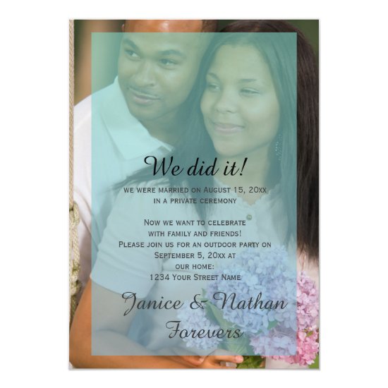 Teal Blue Ombre Overlay Photo Reception Only Invitation