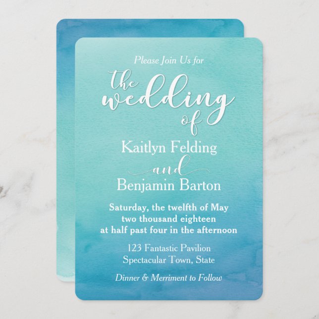 Teal & Blue Ombre Watercolor Wedding Invitation 1a (Front/Back)