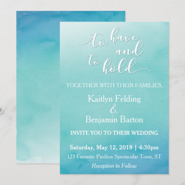 Teal & Blue Ombre Watercolor Wedding Invitation 2a (Front/Back)