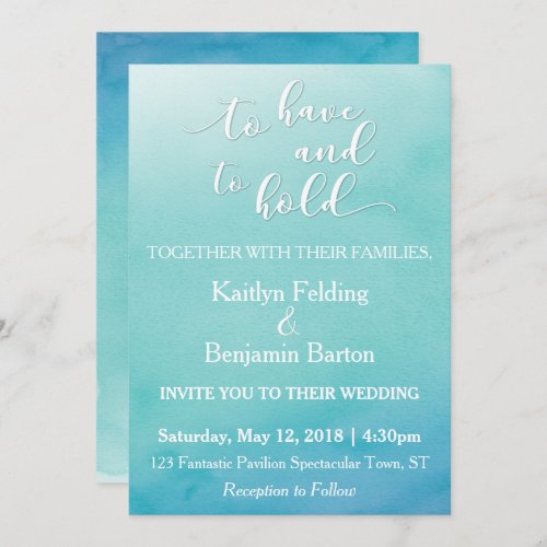 Teal  Blue Ombre Watercolor Wedding Invitation 2a