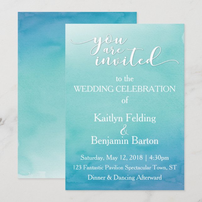 Teal & Blue Ombre Watercolor Wedding Invitation 3a (Front/Back)