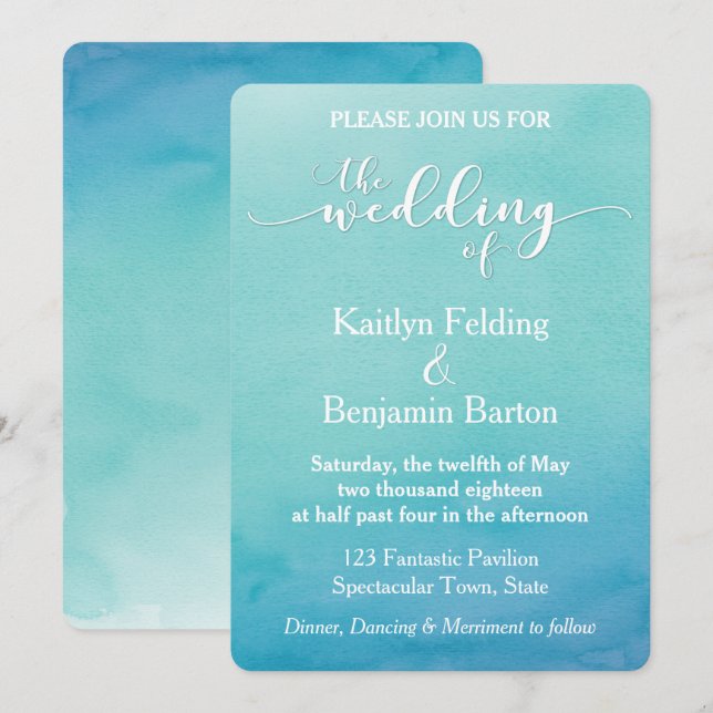 Teal & Blue Ombre Watercolor Wedding Invitation 4a (Front/Back)