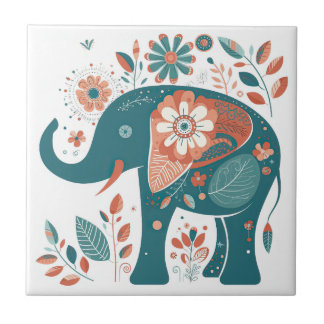 Teal Blue Orange Elephant Scandinavian Folk Art Ceramic Tile