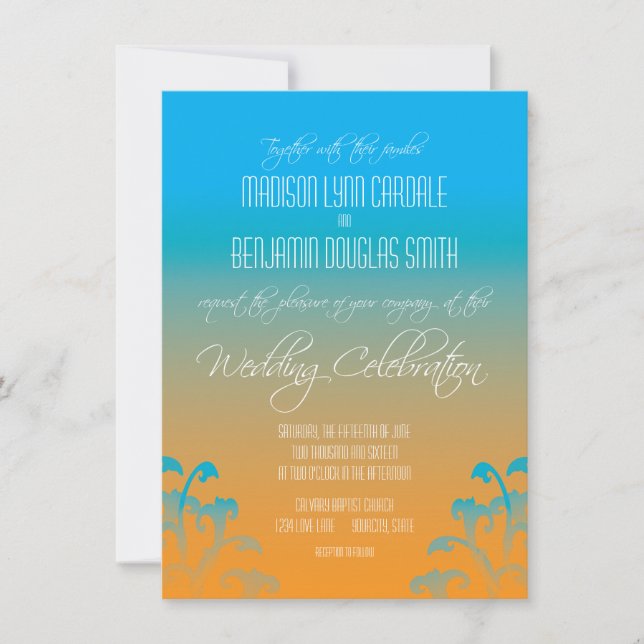 Teal Blue Orange Flourish Wedding Invitations (Front)
