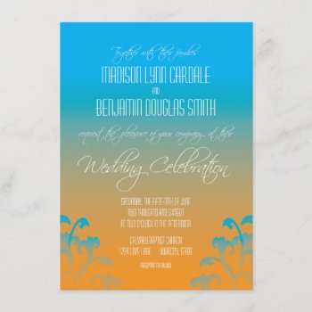 Teal Blue Orange Flourish Wedding Invitations by CustomWeddingSets at Zazzle