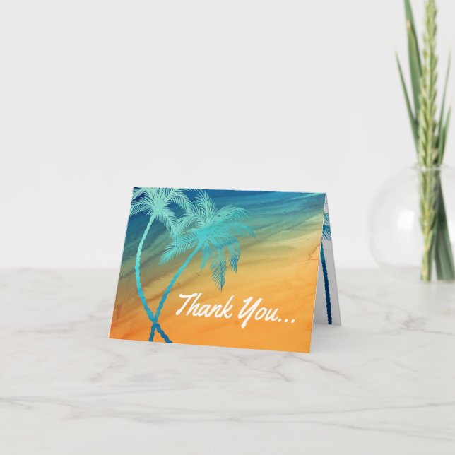 Teal Blue Orange Palm Tree Thank You Cards (Front)