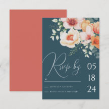 Teal Blue orange Spring Peach Floral Wedding RSVP