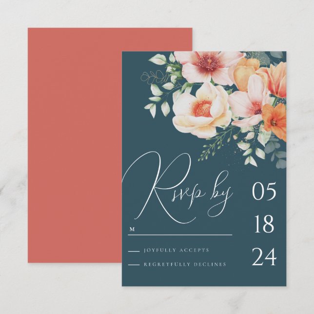 Teal Blue orange Spring Peach Floral Wedding RSVP Card (Front/Back)