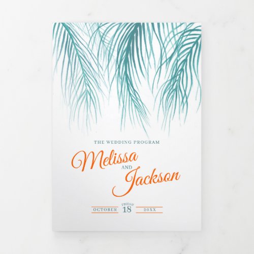 Teal blue orange tropical palms watercolor wedding Tri_Fold program