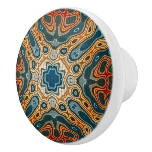 Teal Blue Orange Yellow Green Ethnic Tribe Art Ceramic Knob