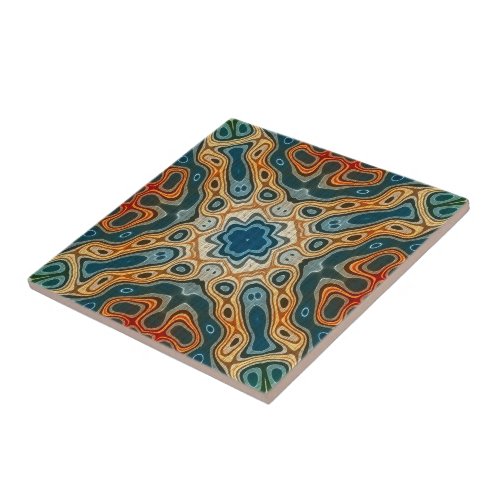 Teal Blue Orange Yellow Green Ethnic Tribe Art Ceramic Tile