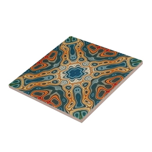 Teal Blue Orange Yellow Green Ethnic Tribe Art Ceramic Tile (Side)