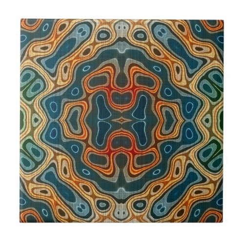 Teal Blue Orange Yellow Green Ethnic Tribe Art Ceramic Tile