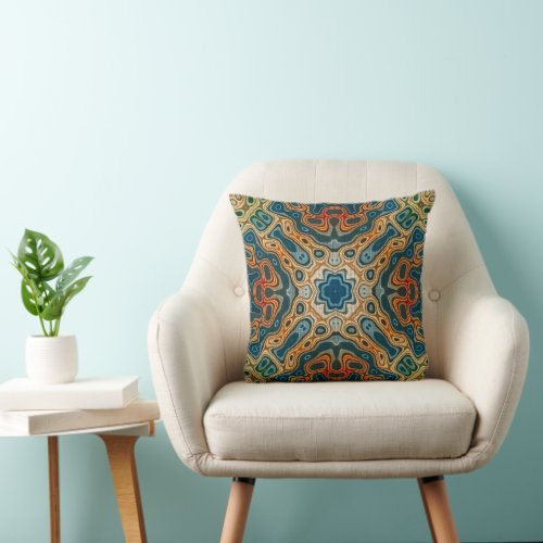 Teal Blue Orange Yellow Green Hip Bohemian Art Throw Pillow