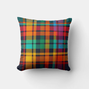 Teal Blue Orange Yellow Multicolor Colorful Plaid Throw Pillow