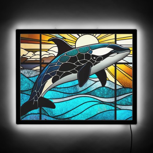 Teal Blue Orca Whale Stained Glass Look Wall light LED Sign