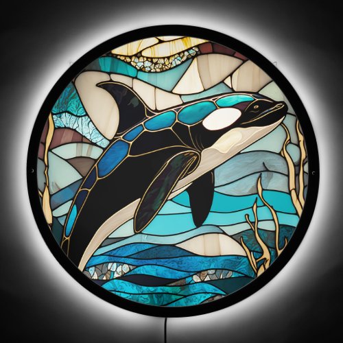 Teal Blue Orca Whale Stained Glass Look Wall light LED Sign
