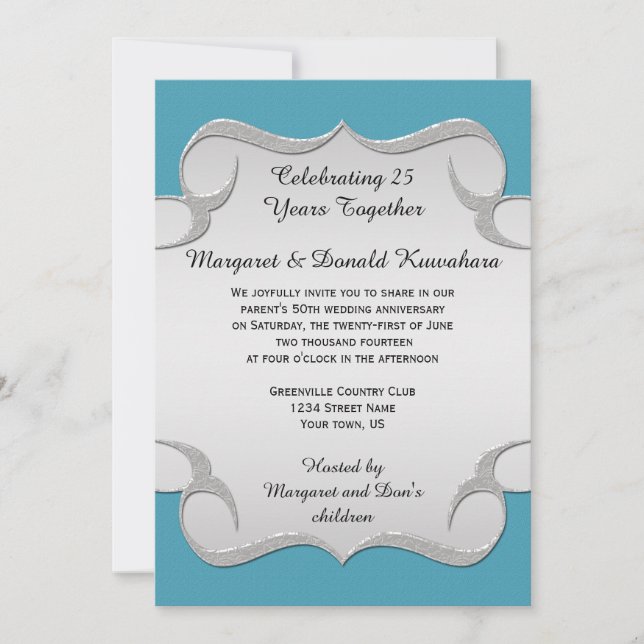 Teal Blue Ornate Silver Frame 25th Anniversary Invitation (Front)