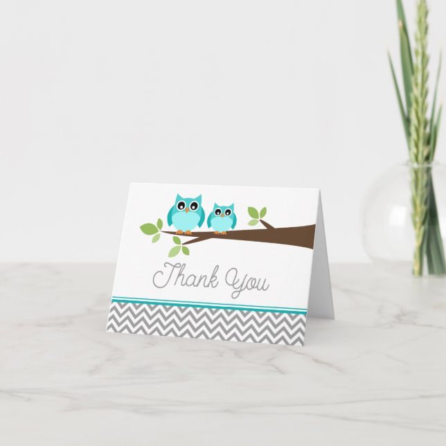Teal Blue Owl Gray Chevron Baby Shower Thank You Card (Front)