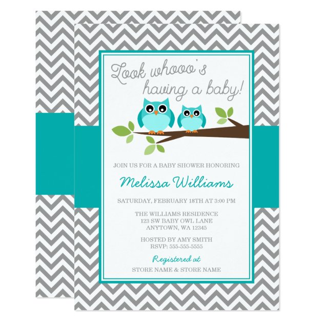 Teal Blue Owl Gray Chevron Boy Baby Shower Invitation