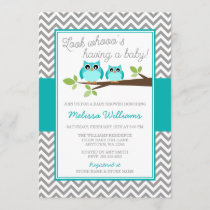 Teal Blue Owl Gray Chevron Boy Baby Shower Invitation