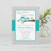 Teal Blue Owl Gray Chevron Boy Baby Shower Invitation (Standing Front)