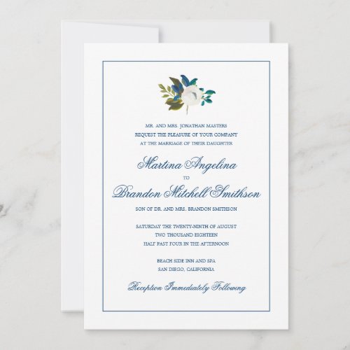 Teal Blue Painted Floral Wedding Invitation