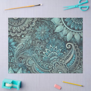 Teal Blue Paisley Floral Pattern Decoupage Tissue Paper
