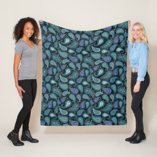 Teal Blue Paisley Floral Pattern  Fleece Blanket