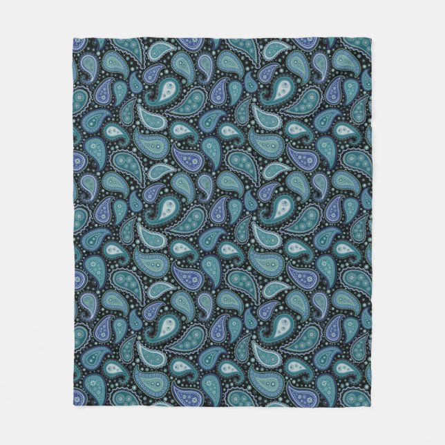 Teal Blue Paisley Floral Pattern  Fleece Blanket (Front)