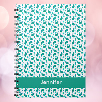 Teal Blue Paisley Floral Pattern Personalize Notebook