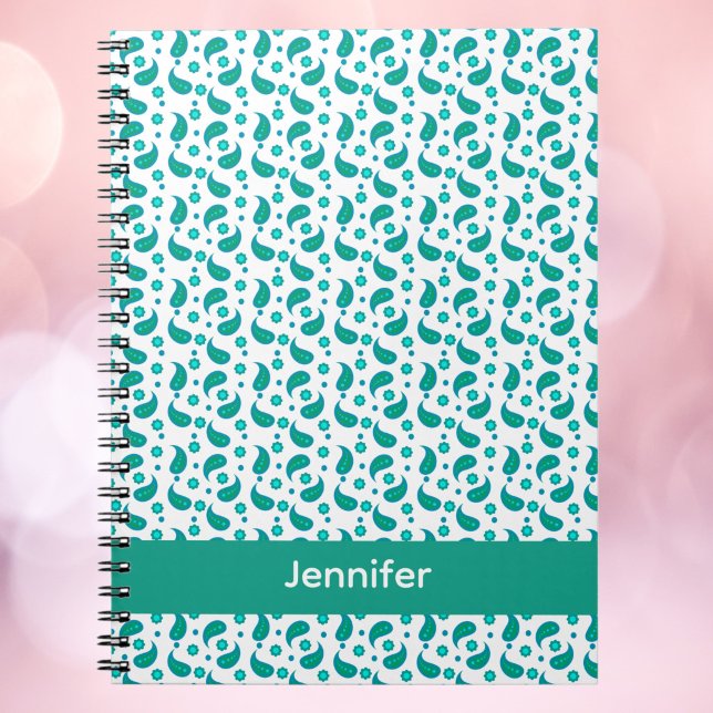 Teal Blue Paisley Floral Pattern Personalize Notebook (A notebook with a blue & green paisley design with text you can personalize.)